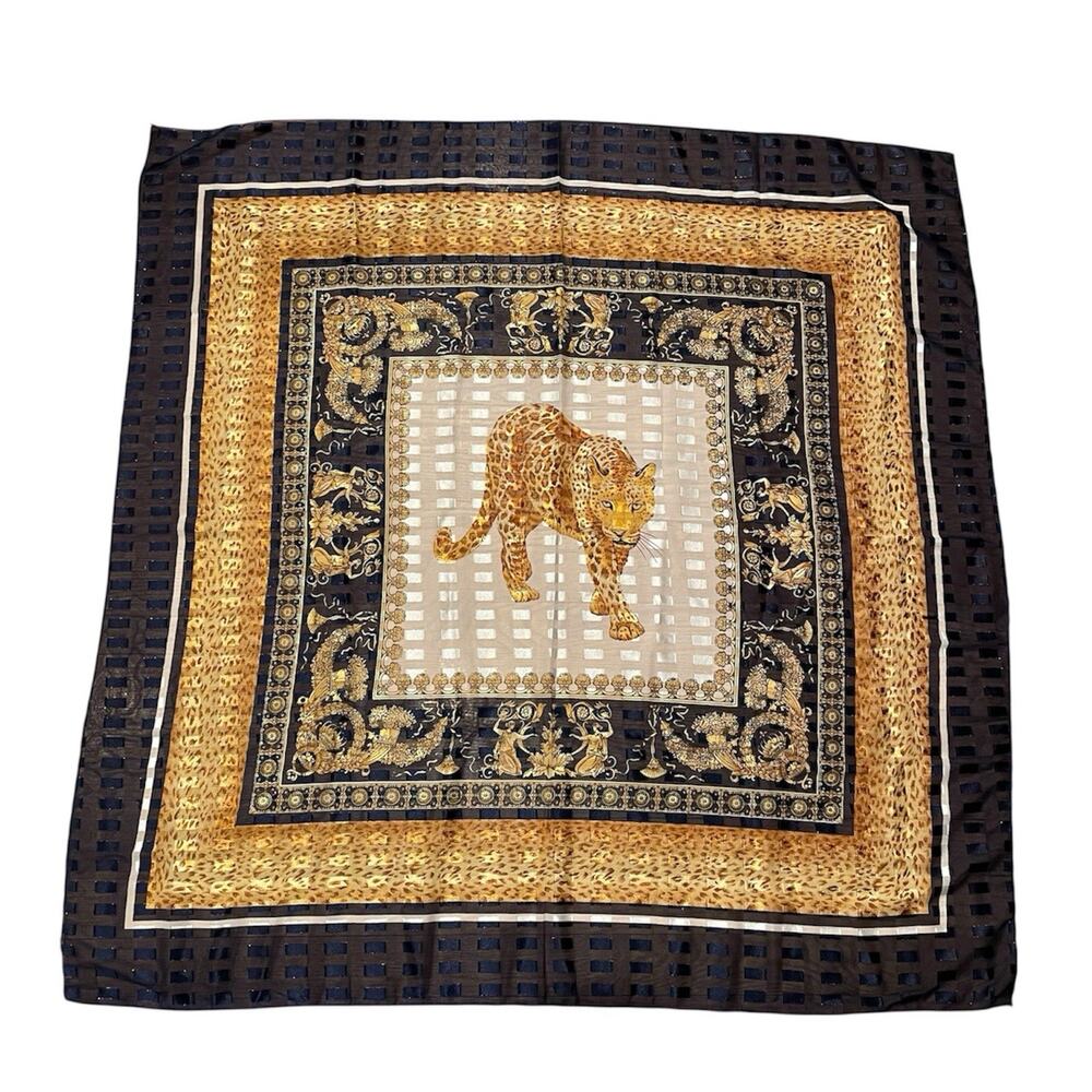 Vintage Leopard Shawl Scarf 39 X 39 Gold Blue Olympic Korea Polyester Boho